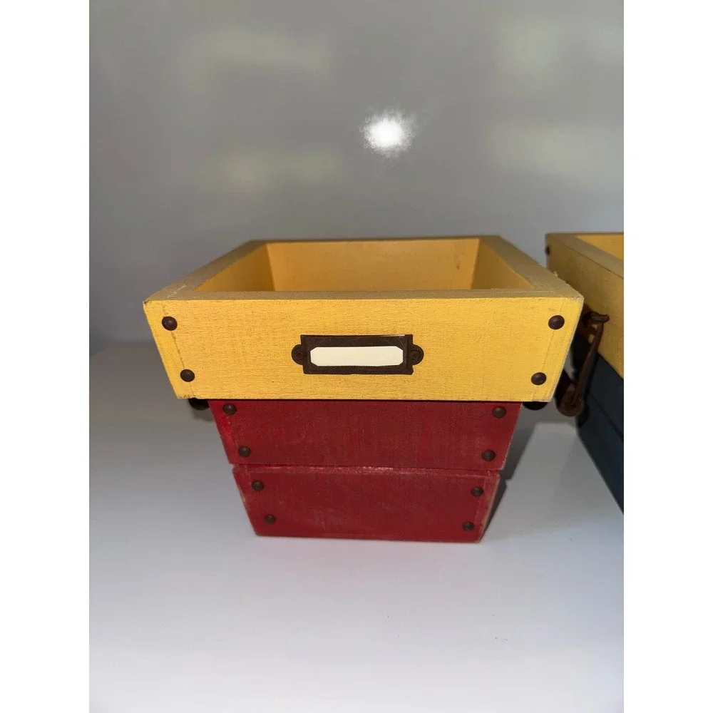 Rustic Primary Color Wooden Storage Crates Planters Red Blue Yellow Farmhouse